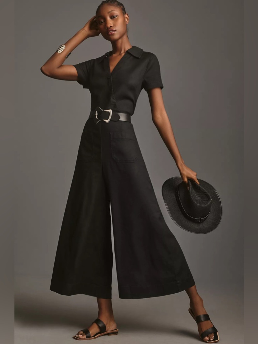 MAEVE COLETTE LINEN BLACK FAUX WRAP WIDE LEG SHORT SLEEVE BELTED JUMPSUIT